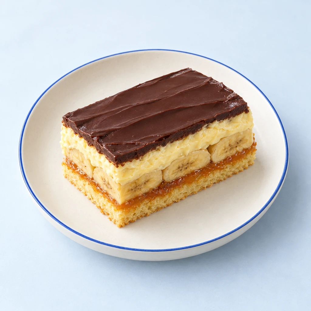 Bananenschnitten mit Biskuitboden, Aprikosenkonfitüre, Bananen, Vanillecreme und dunkler Schokoladenglasur auf einem Teller.