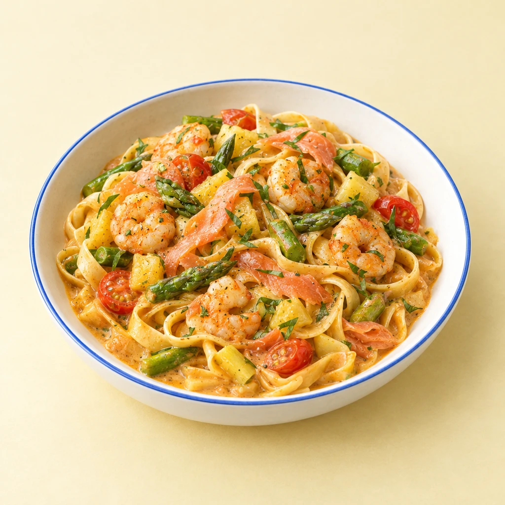 Bandnudeln mit Scampi, grünem Spargel und Räucherlachs neben Gurken-Rucola-Salat mit Parmesan.