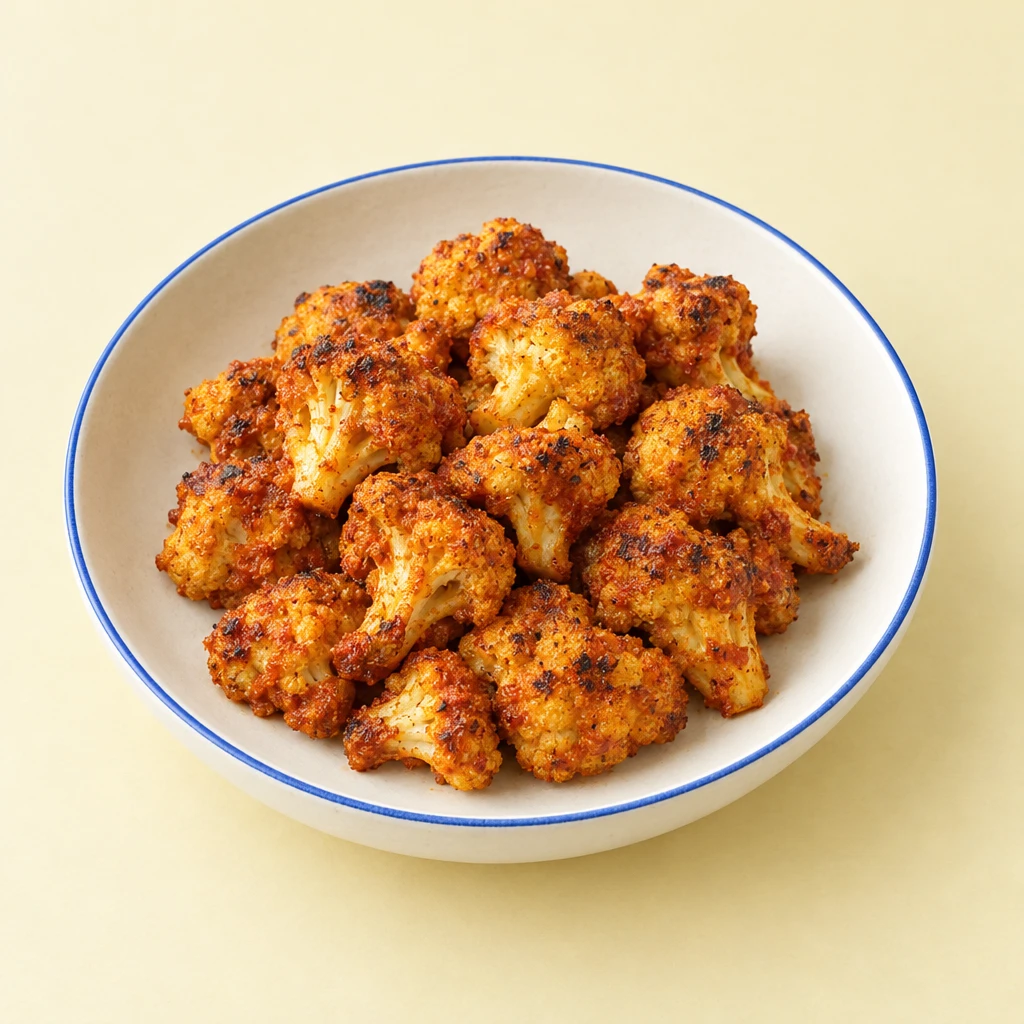 Gegrillte Blumenkohl-Wings mit goldorangefarbener, knusprig gebräunter Teighülle auf einem Teller.
