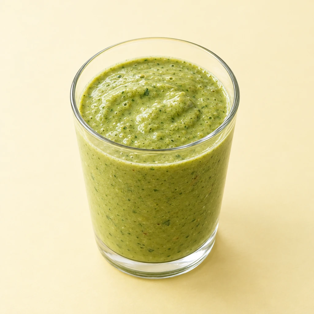 Cremiger grüner Avocado-Smoothie mit Banane, Datteln und Spinat im Glas.