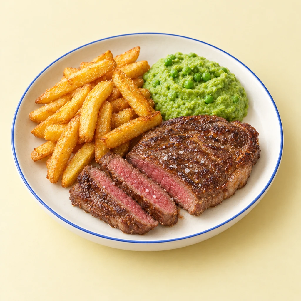 Rib-Eye-Steak mit gebräunter Kruste und rosa Anschnitt, dazu dicke Pommes frites und grüner Wasabi-Erbsen-Stampf.