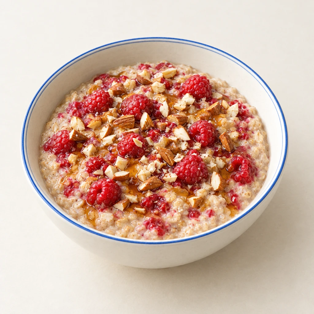 Cremiges Himbeer-Porridge mit untergehobenen gehackten Mandeln und einem Schuss Ahornsirup.