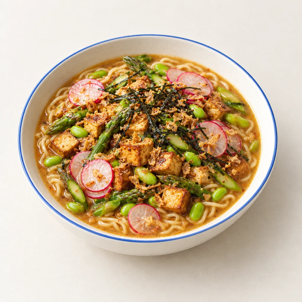 Miso-Ramen mit mariniertem Räuchertofu, Edamame, grünem Spargel, Radieschen, Nori und Röstzwiebeln in einer tiefen Schale.