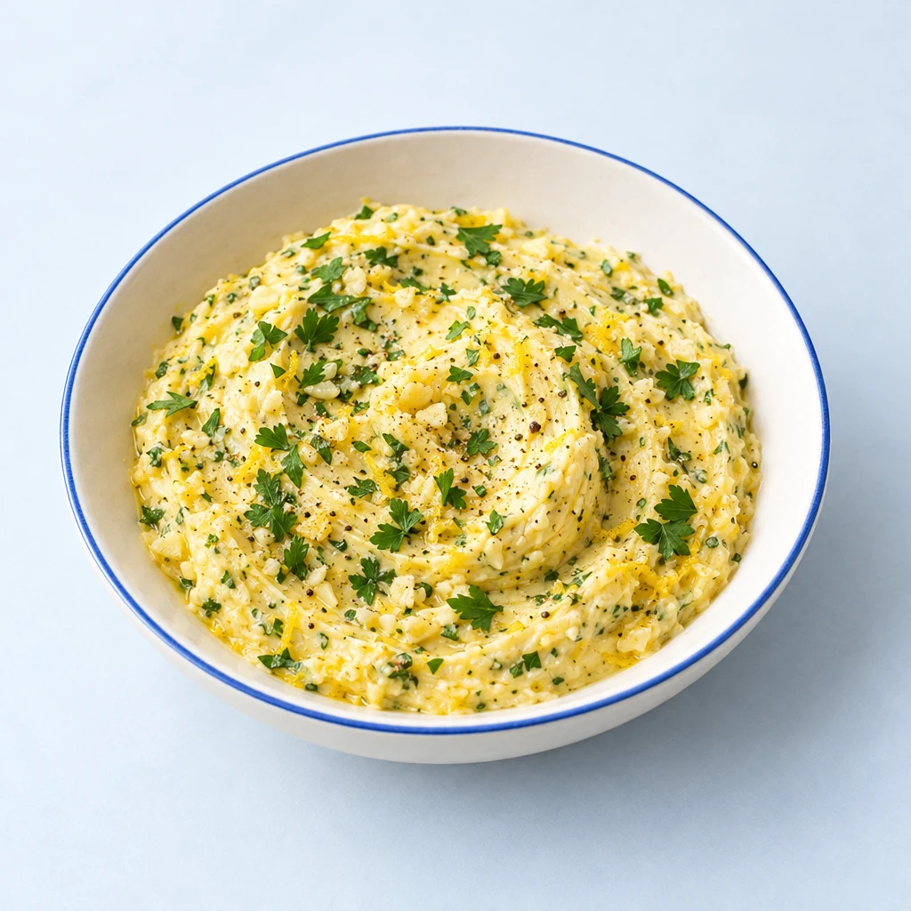 Knoblauchbutter mit feinen Knoblauchstückchen und Zitronenabrieb, mit Petersilie garniert.