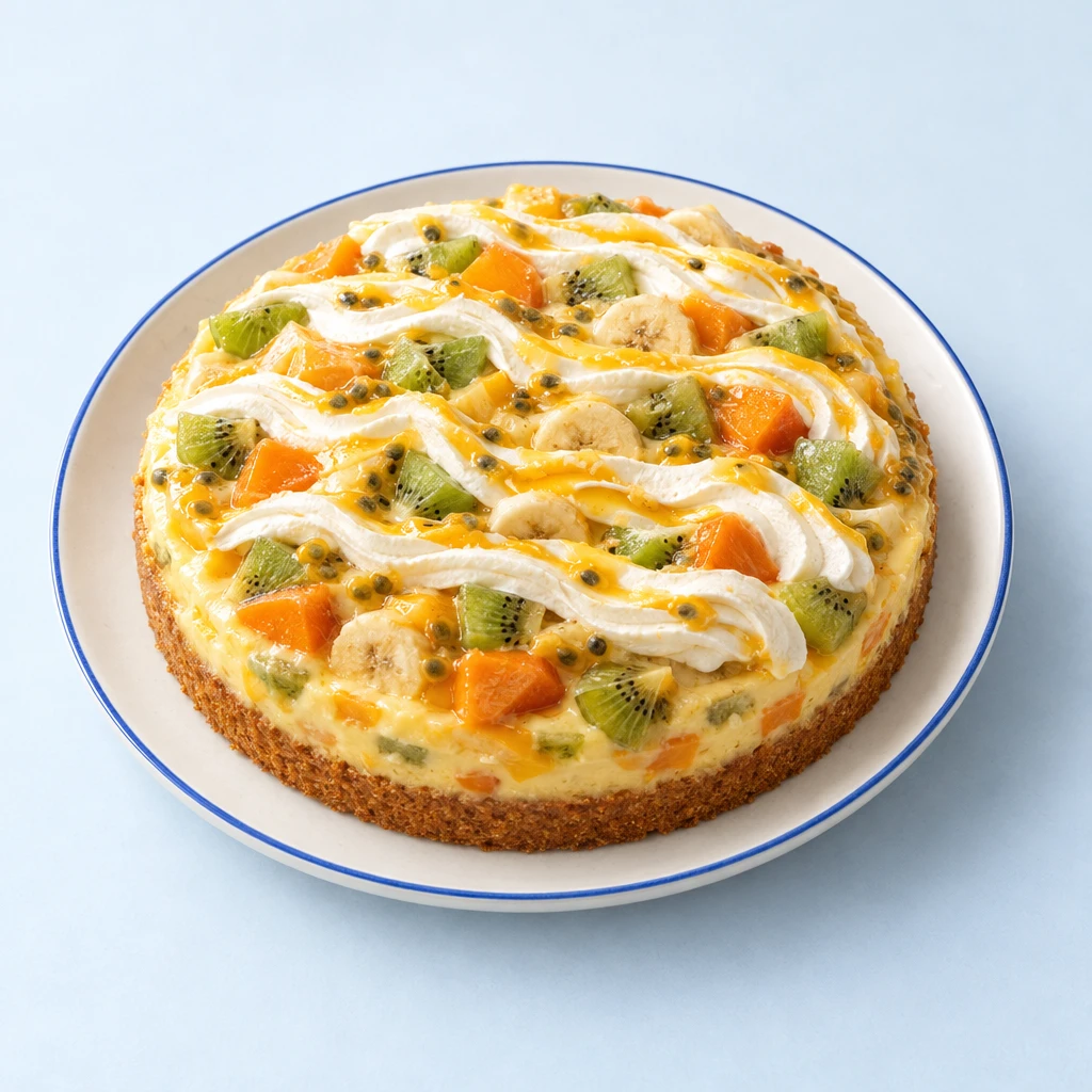 Kiwi-Bananen-Pudding-Kuchen mit Biskuitboden, fruchtiger Füllung und wellenförmigem Frischkäsetopping, angeschnitten auf einem Teller.