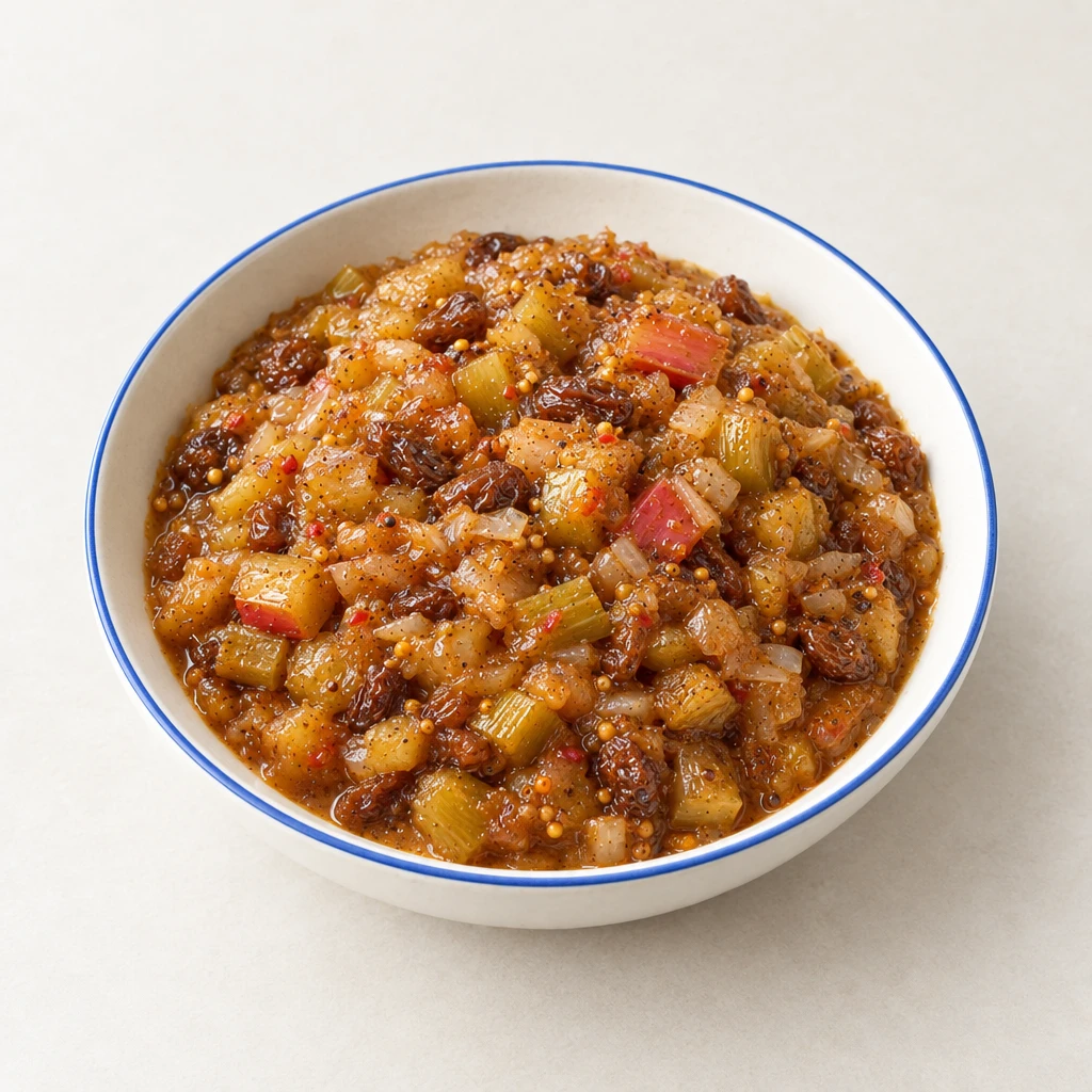 Dickes Rhabarber-Chutney mit Sultaninen und Senfkörnern in einer flachen Schale.