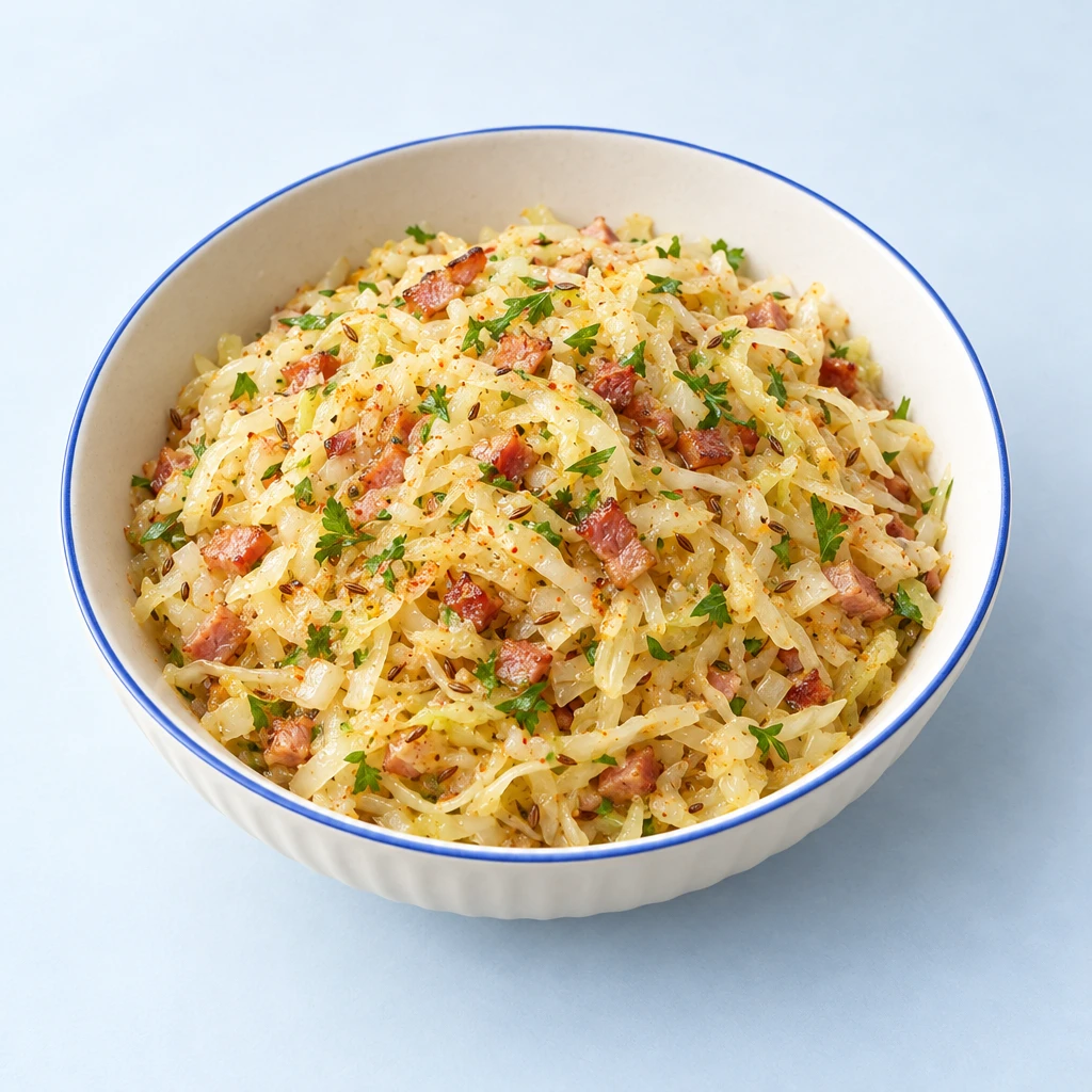 Feiner Weißkohlsalat mit kleinen Speckwürfeln, Kümmel und Petersilie in einer flachen Schale.