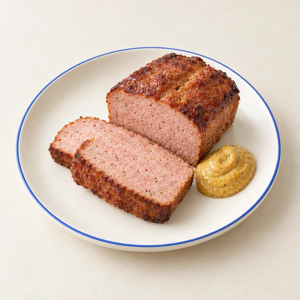 Hausgemachter Leberkäse mit gebräunter Kruste und feinporiger, rosafarbener Schnittfläche auf einem Teller.