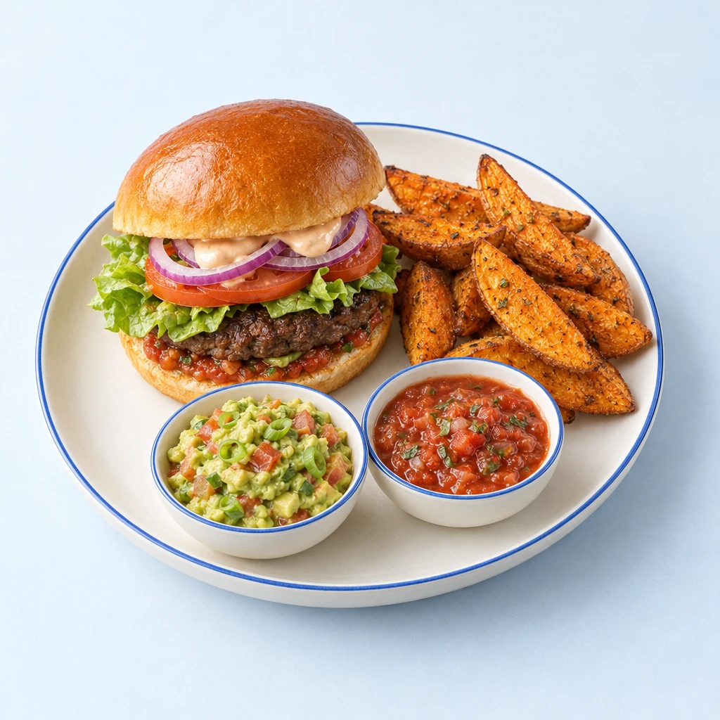 Halbierter Brioche-Burger mit Hackfleisch-Patty, Salat, Tomaten, Zwiebeln und Saucen, daneben Süßkartoffel-Wedges und stückiger Avocado-Tomaten-Dip.