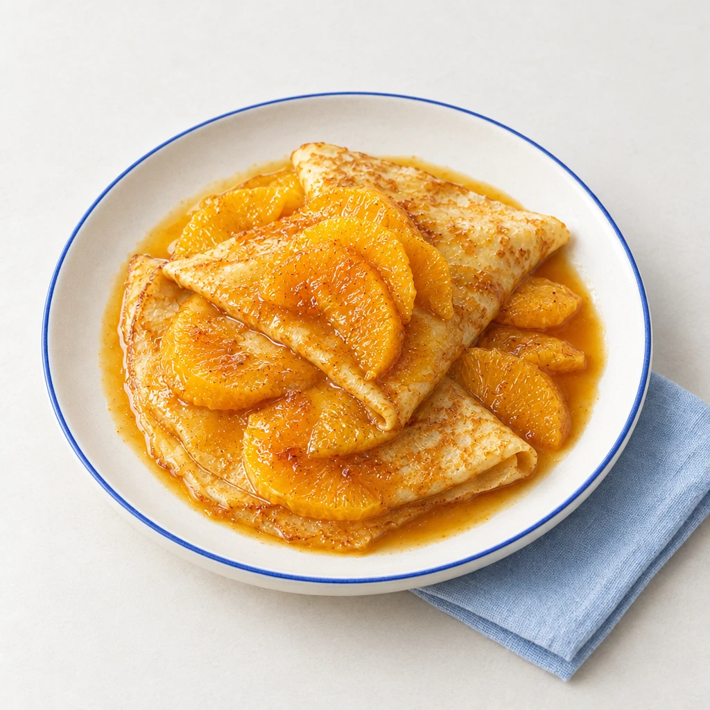 Goldgelbe Crêpes mit glänzender Orangensoße und karamellisierten Orangenscheiben auf einem Teller.