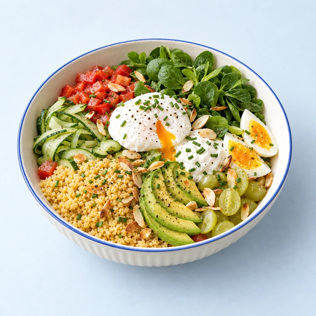 Salat-Bowl mit Couscous, Feldsalat, Tomaten, Gurkenstreifen, Avocado, Weintrauben, pochierten Eiern, Joghurt, Mandeln und Schnittlauch.