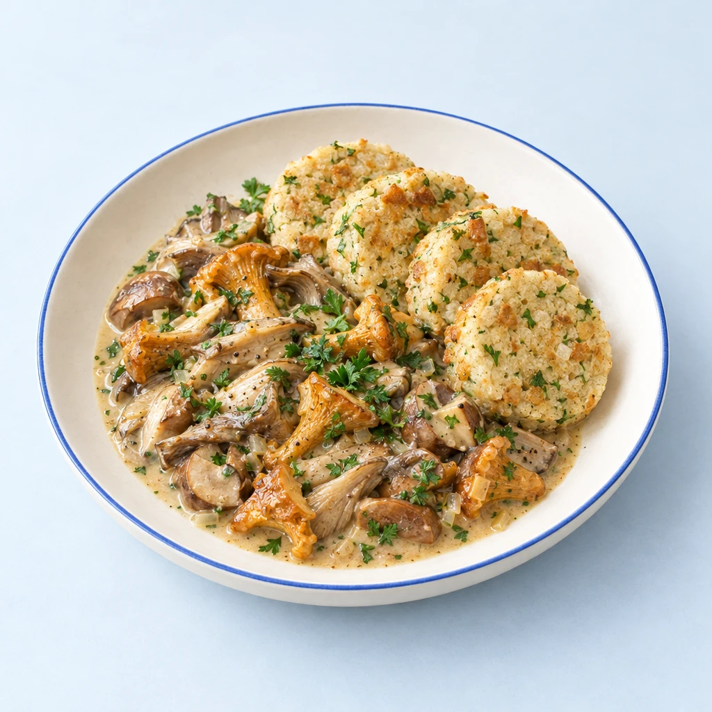 Cremiges Pilzragout mit goldbraun gebratenen Serviettenknödelscheiben und gehackter Petersilie.