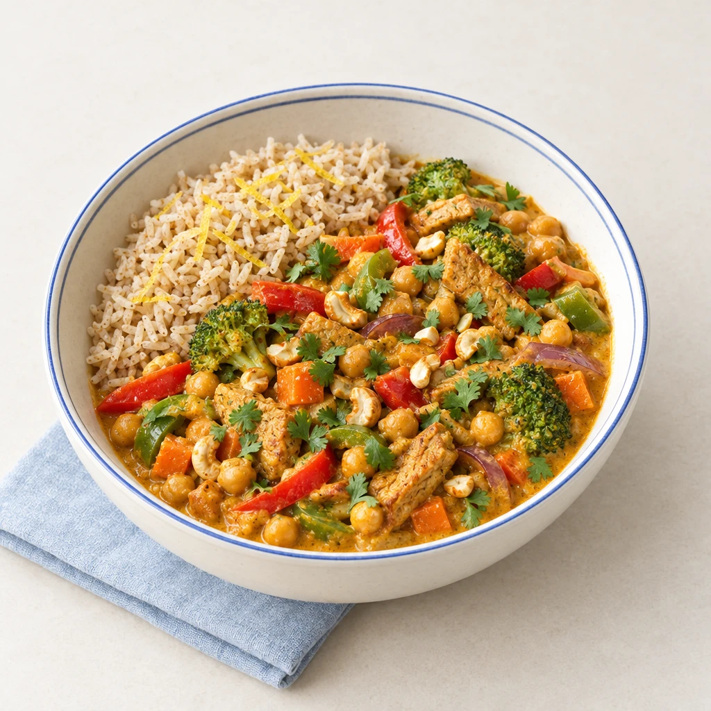 Kichererbsencurry mit Brokkoli, Paprika, Karotten und gebratenem veganem Fleischersatz, garniert mit Cashewkernen und Koriander, neben Vollkorn-Basmatireis.
