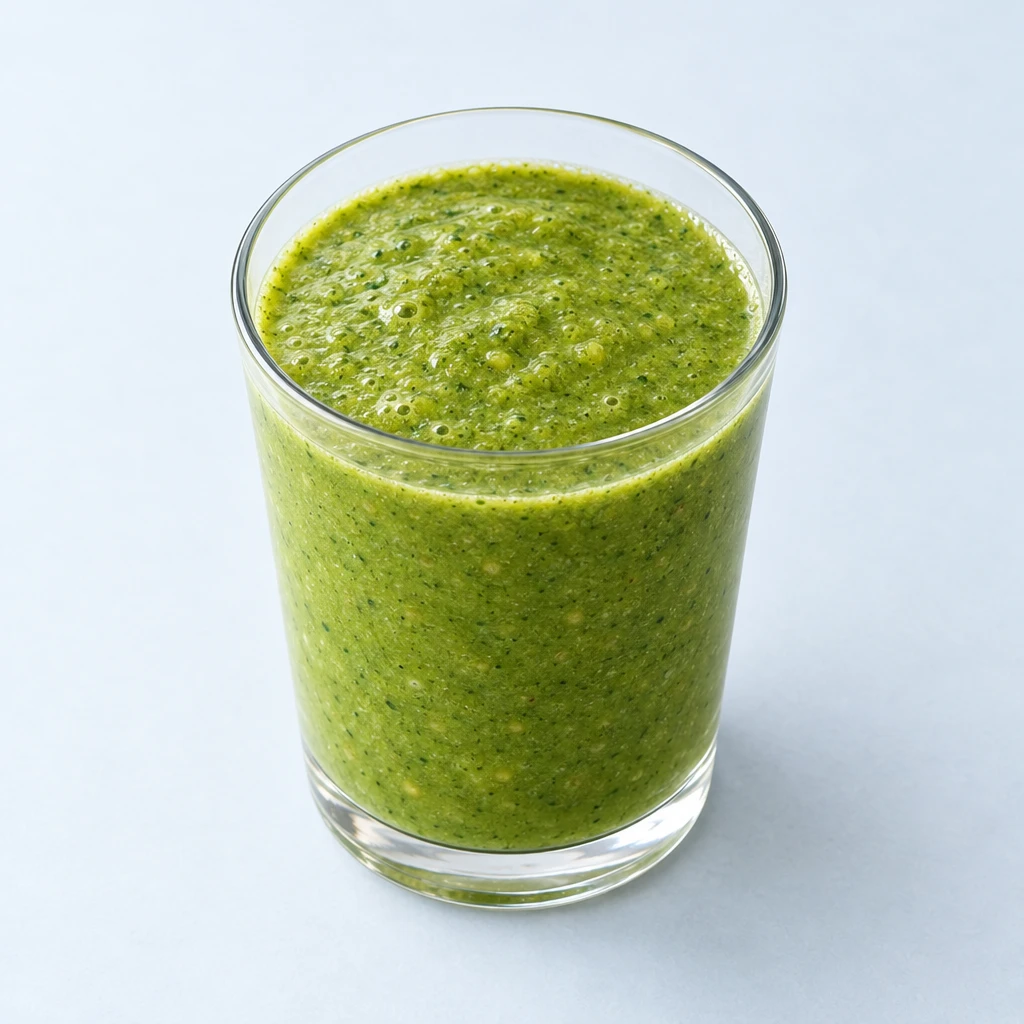 Fein pürierter grüner Smoothie aus Ananas, Apfel und Babyspinat im Glas.