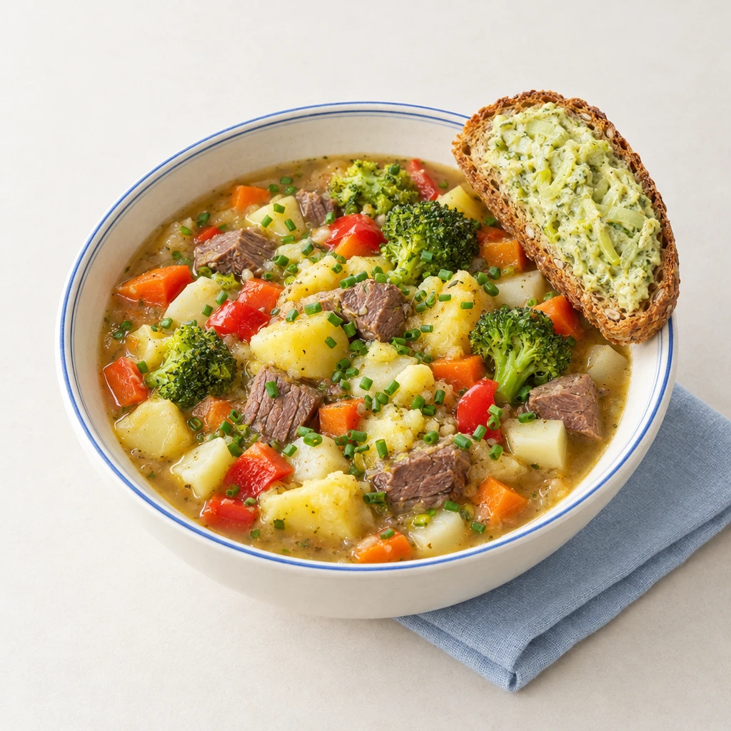 Kartoffel-Gemüse-Eintopf mit Rindfleisch, Brokkoli und Schnittlauch, dazu Vollkorntoast und Avocado-Meerrettich-Dip.