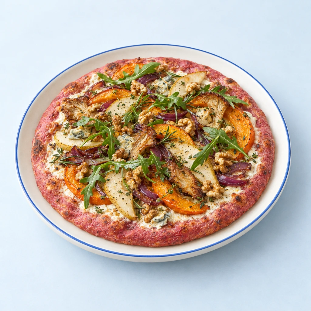 Kürbis-Pizza mit rötlichem Rote-Bete-Boden, Birne, Käse, frittierten Austernpilzen, Walnüssen und Rucola.