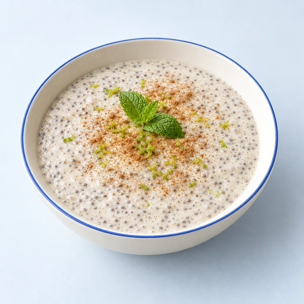 Cremiger Chia-Vanille-Drink mit feinen dunklen Sprenkeln und frischer Minze in einem Glas.