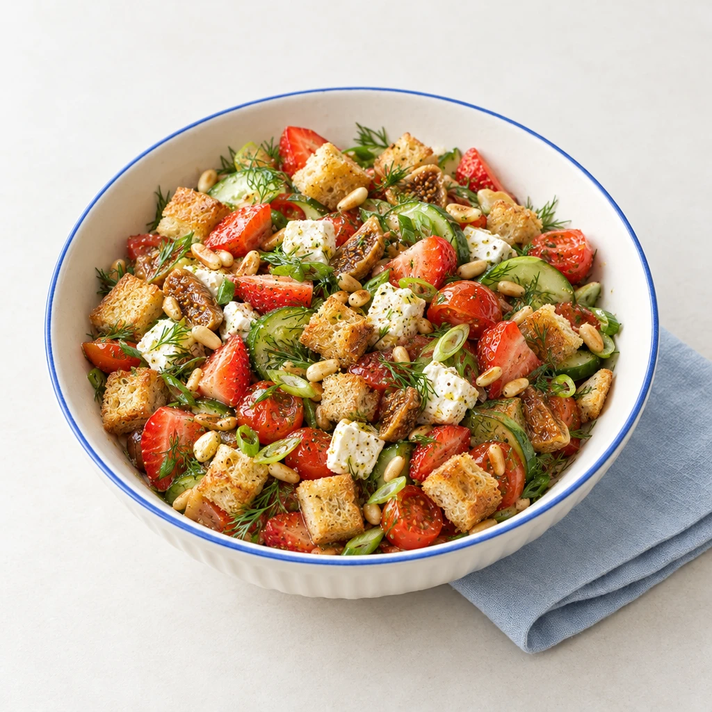 Tomatensalat mit Erdbeeren, Feta, Gurke, gerösteten Brotwürfeln, Feigen, Pinienkernen und Dill.