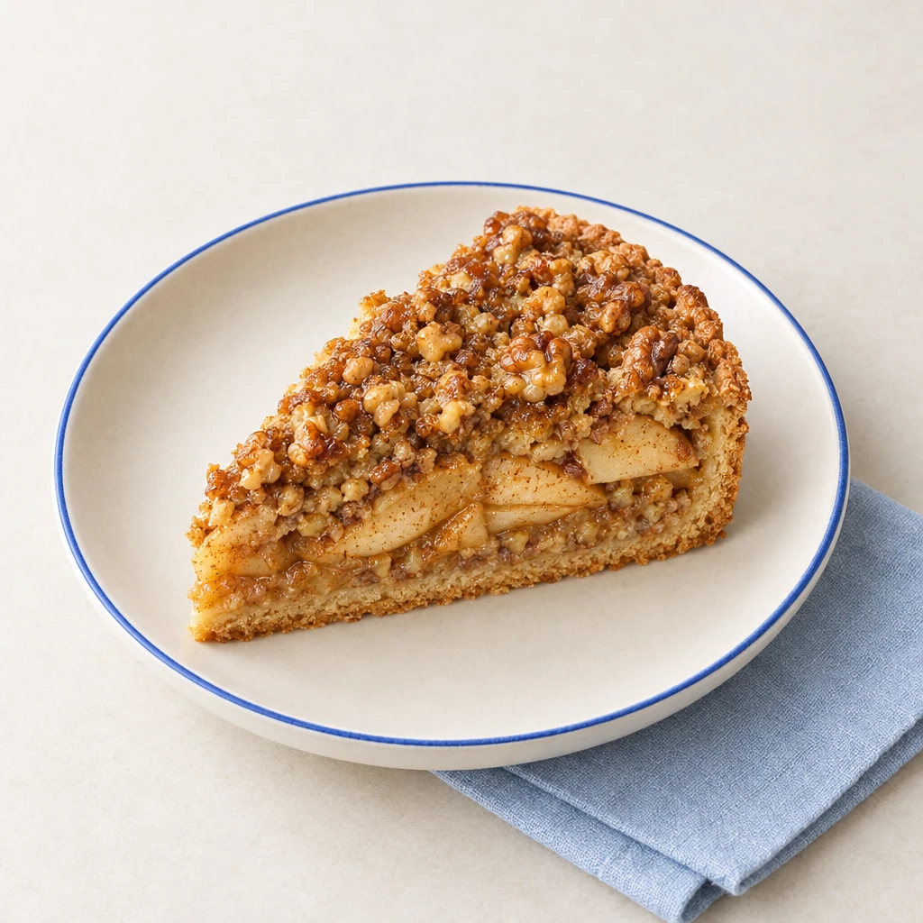 Angeschnittener Apfel-Walnuss-Kuchen mit Mürbeteig, Apfelspalten und karamellisierter Walnusskruste.