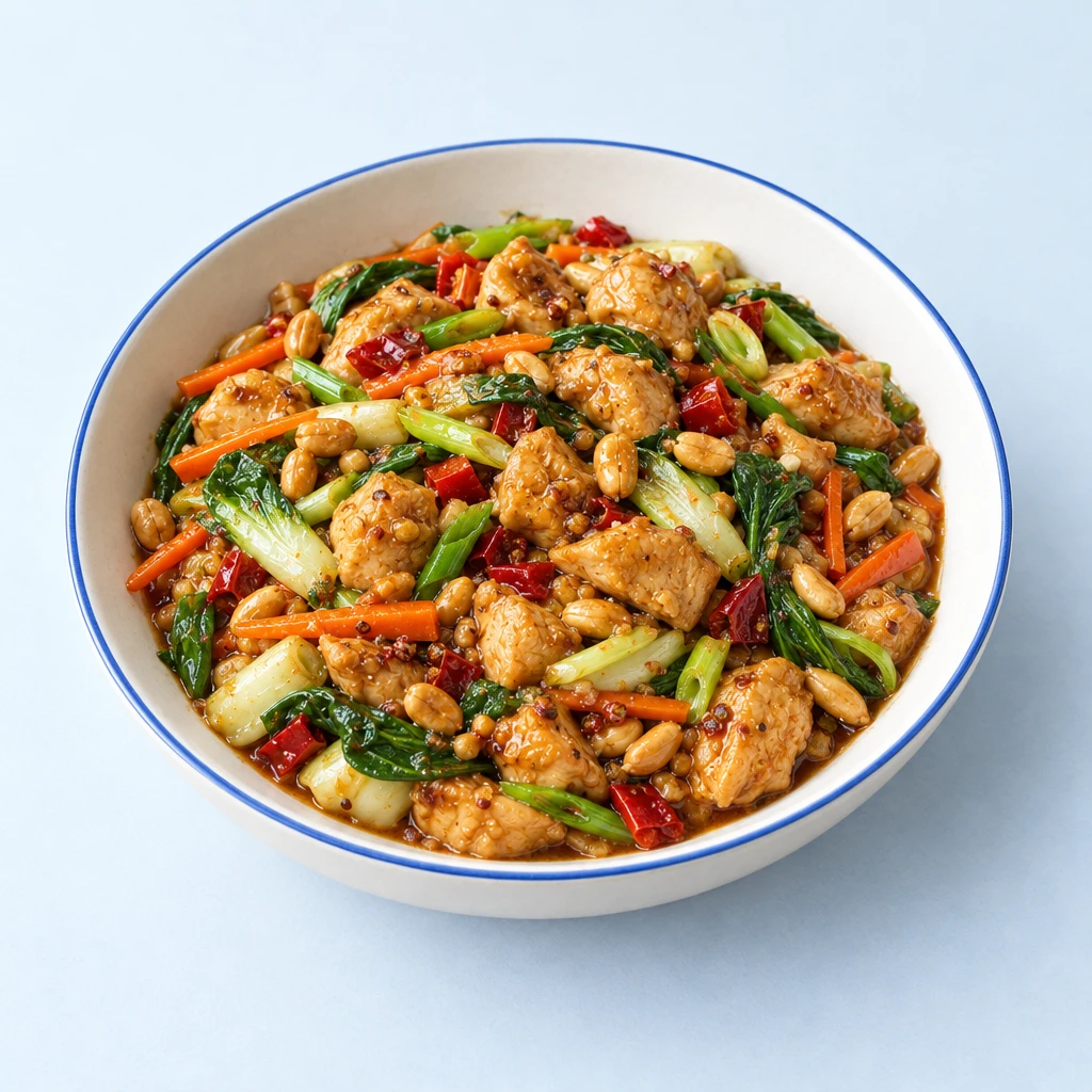 Kung-Pao-Hähnchen mit Karottenstreifen, Pak Choi, Frühlingszwiebeln und Erdnüssen in glänzender Sauce auf einem Teller.