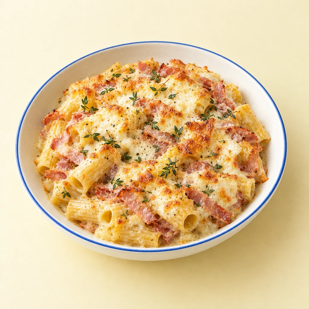 Nudel-Schinken-Gratin mit Rigatoni, goldbraun überbackenem Mozzarella und Zitronenthymian.