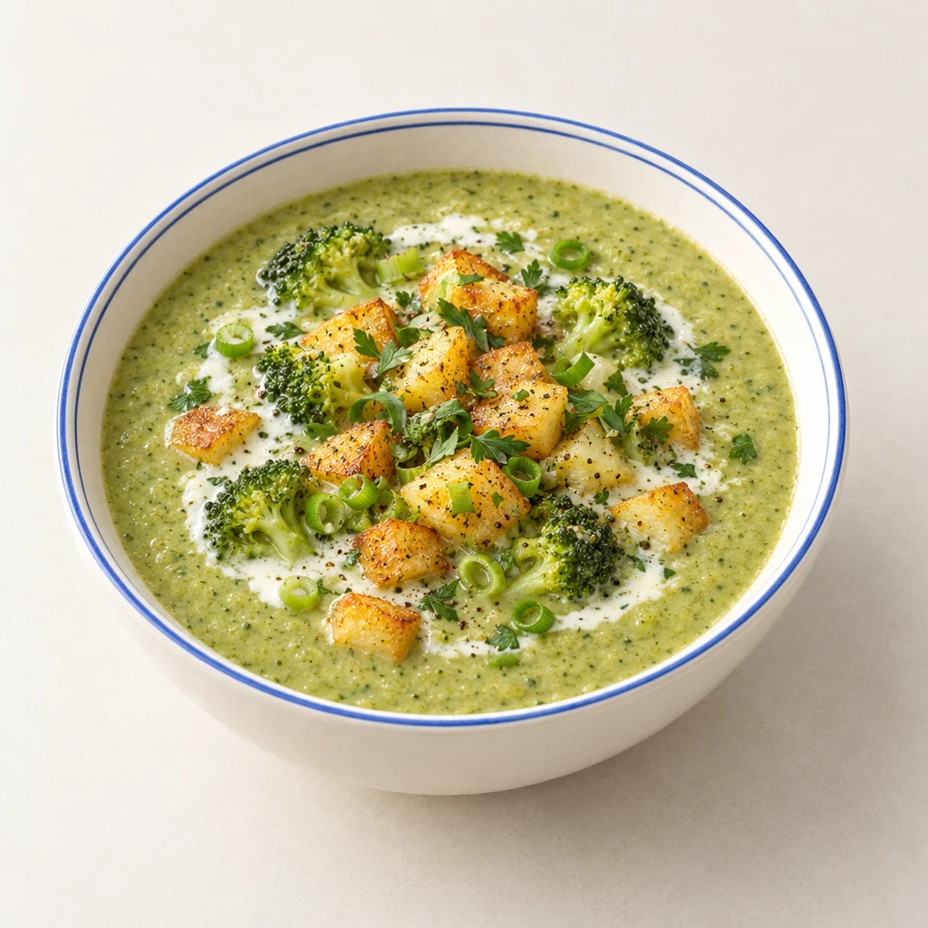 Cremige grüne Brokkolisuppe mit Sahne, goldbraunen Kartoffelwürfeln und feinen Frühlingszwiebelringen in einer Schüssel.