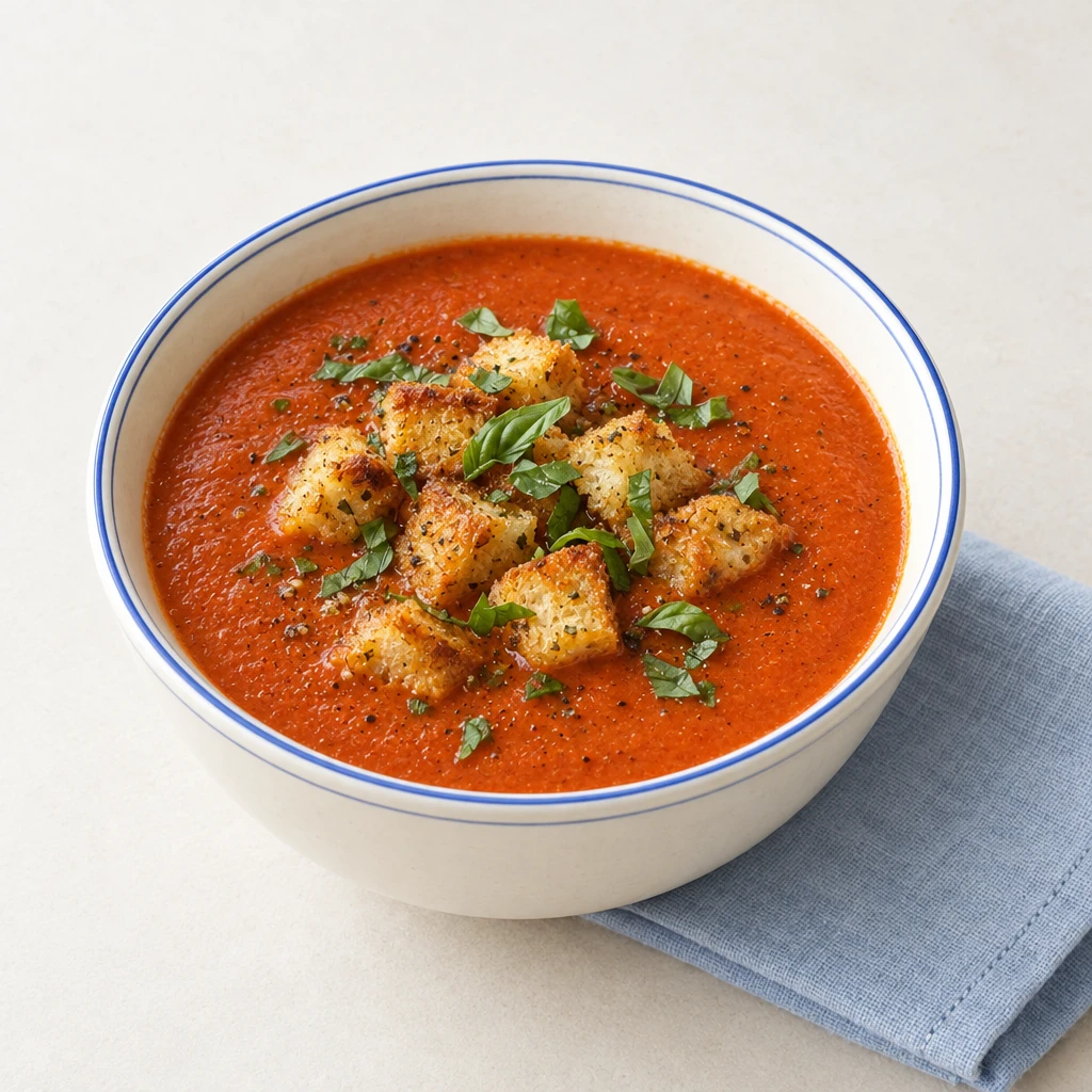 Tomatensuppe in einer Schüssel mit goldbraunen Croûtons und frischem Basilikum.