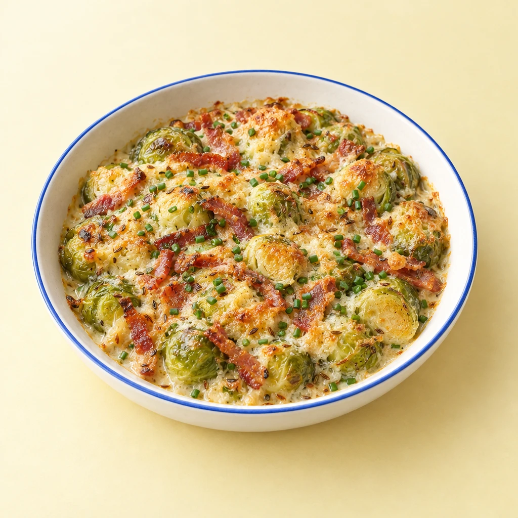 Rosenkohl-Gratin mit cremiger Soße, Speckstreifen und goldbrauner Pecorino-Kruste, bestreut mit Schnittlauch.