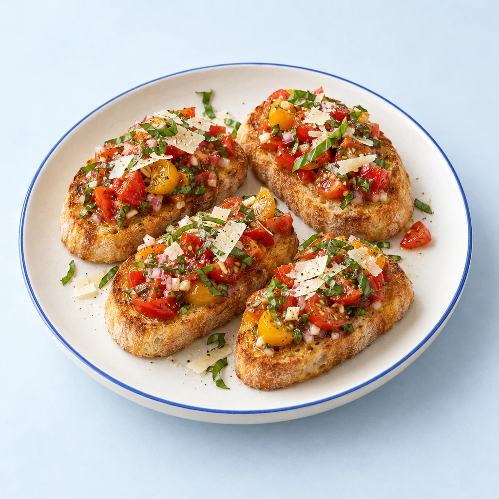 Goldbraun geröstete Ciabattascheiben mit gemischten Tomaten, Basilikum und Parmesan auf einem Teller.