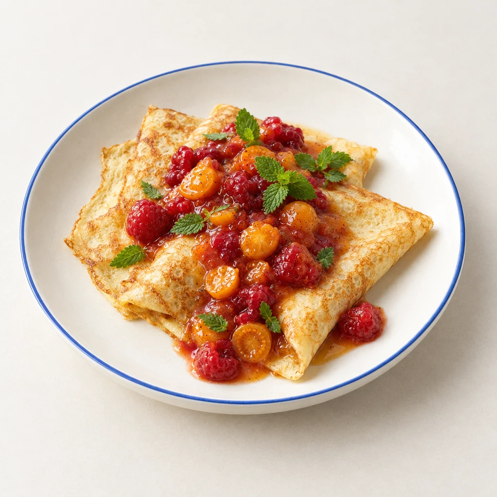 Dünne, goldbraune Crêpes mit Himbeer-Physalis-Kompott und Zitronenmelisse auf einem Teller.