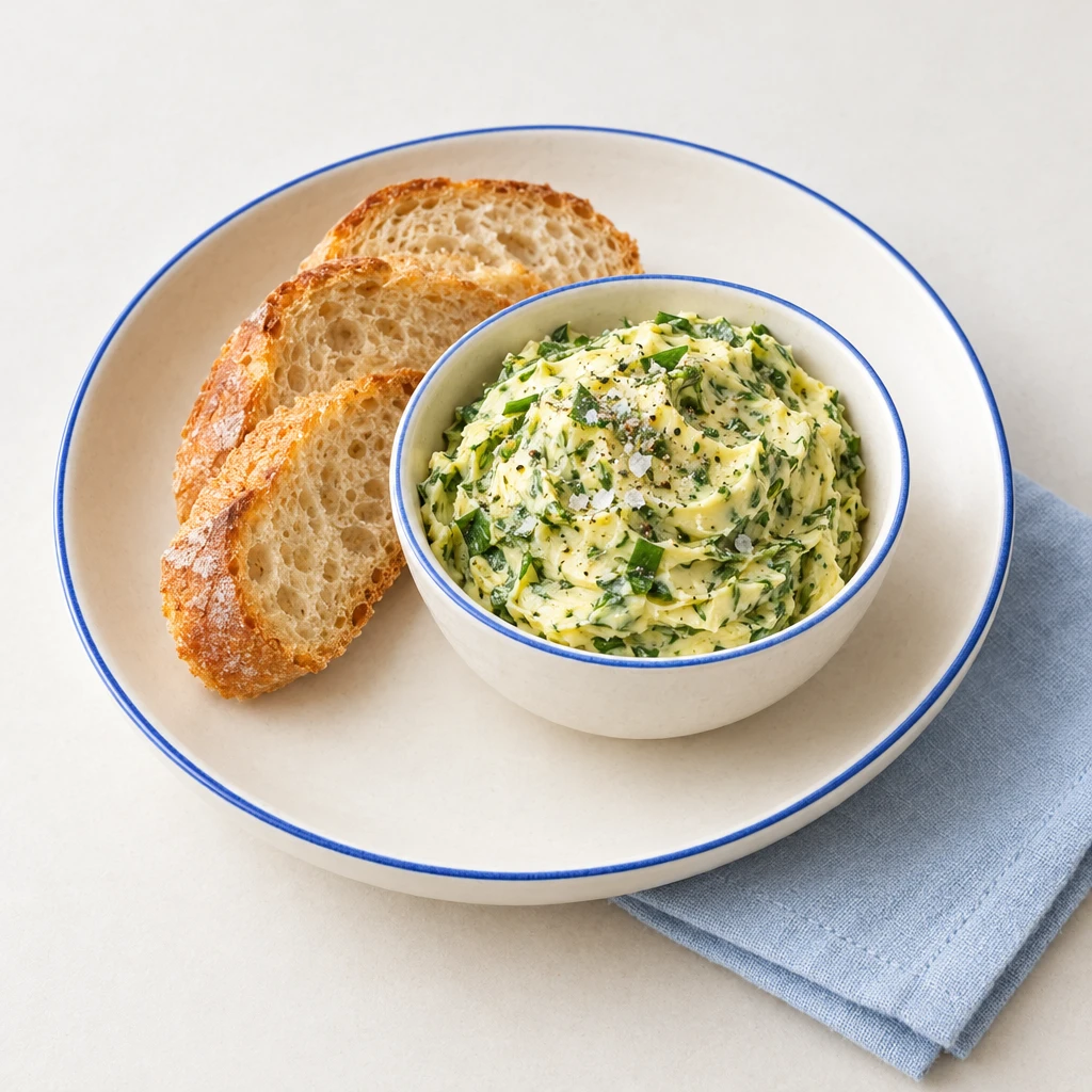 Bärlauchbutter mit fein gehacktem Bärlauch in einer flachen Schale.