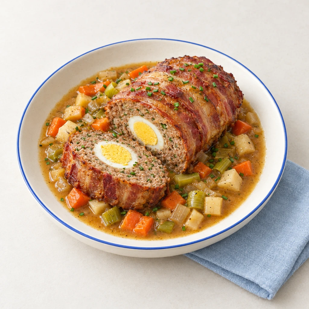 Angeschnittener Hackbraten im Speckmantel mit Eierfüllung und Sauce auf einem Teller.