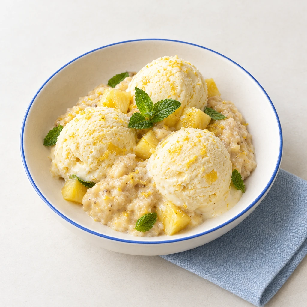 Hellgelbe Ananas-Eiskugeln mit Bananen-Ingwer-Creme und frischer Minze in einer Schüssel.