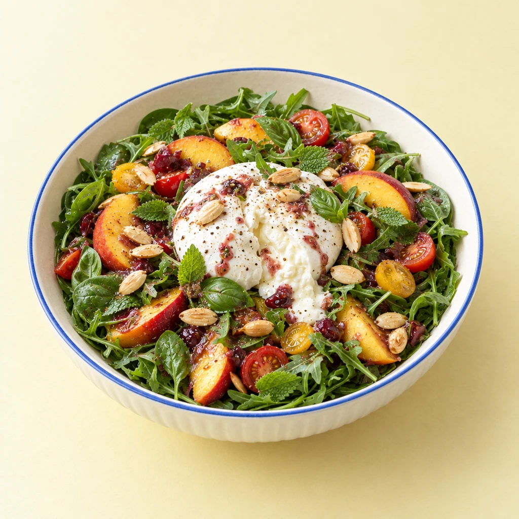 Salat mit Nektarinenspalten, bunten Kirschtomaten, Kräutern und angeschnittener Burrata, mit Sauerkirschdressing und gerösteten Mandeln.
