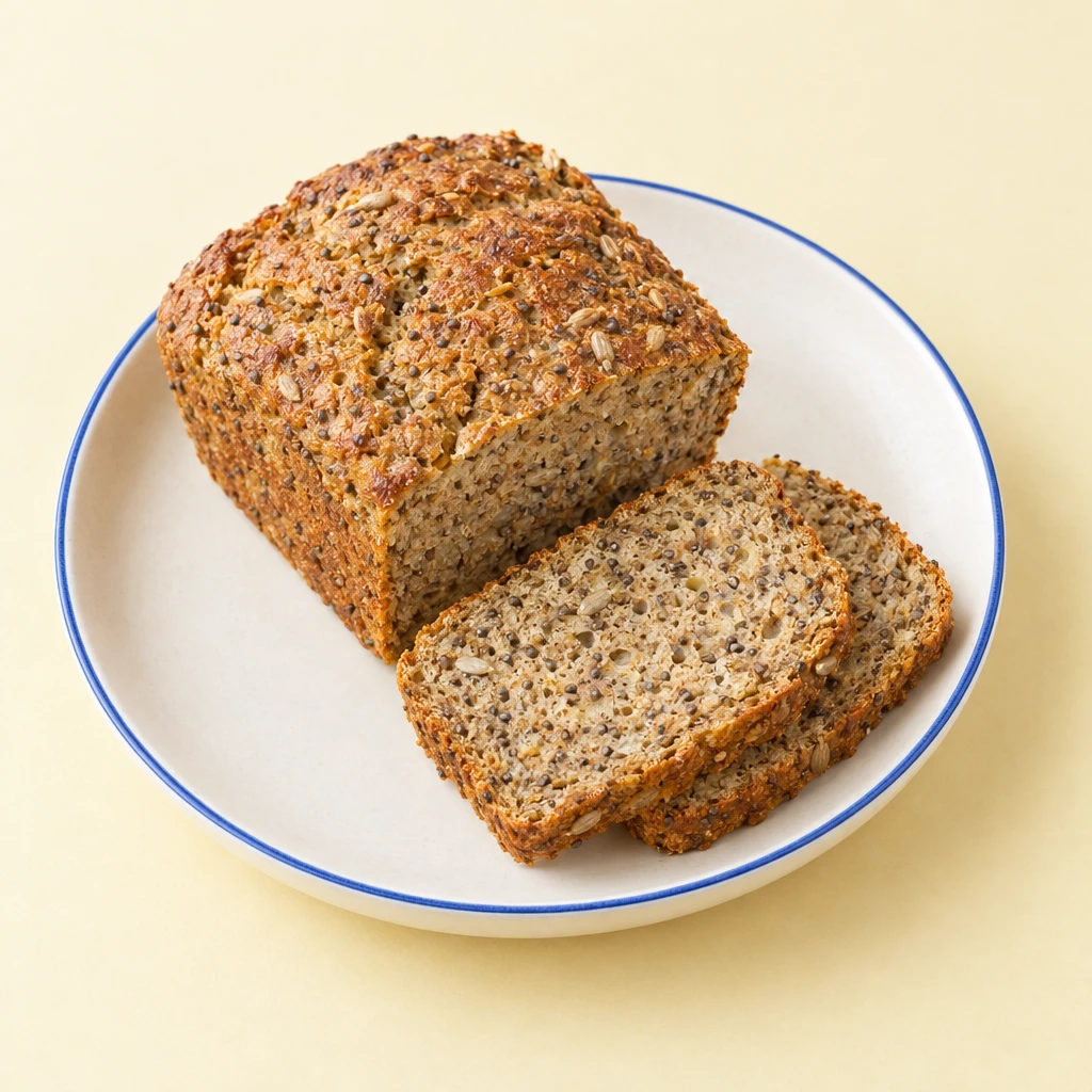 Angeschnittenes Chia-Brot mit Sonnenblumenkernen und goldbrauner Kruste auf einem Teller.