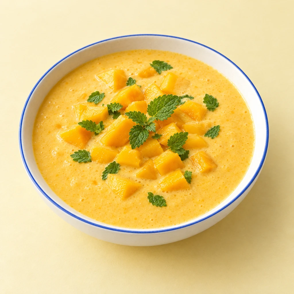Cremiger, hellgelber Mango-Lassi im Glas mit Zitronenmelisseblättchen.