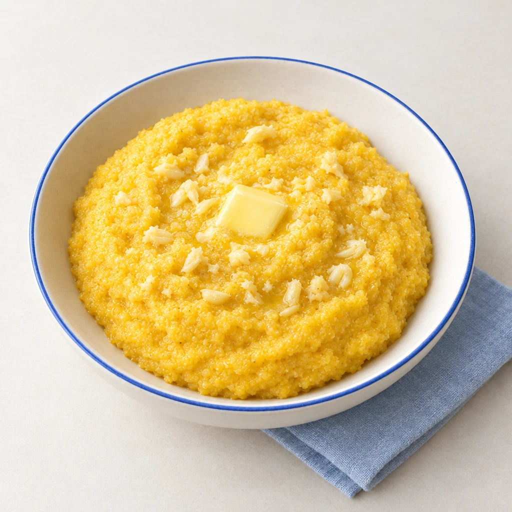 Goldgelber Mamaliga-Maisgrießbrei mit Knoblauch und Butter in einer Schüssel.