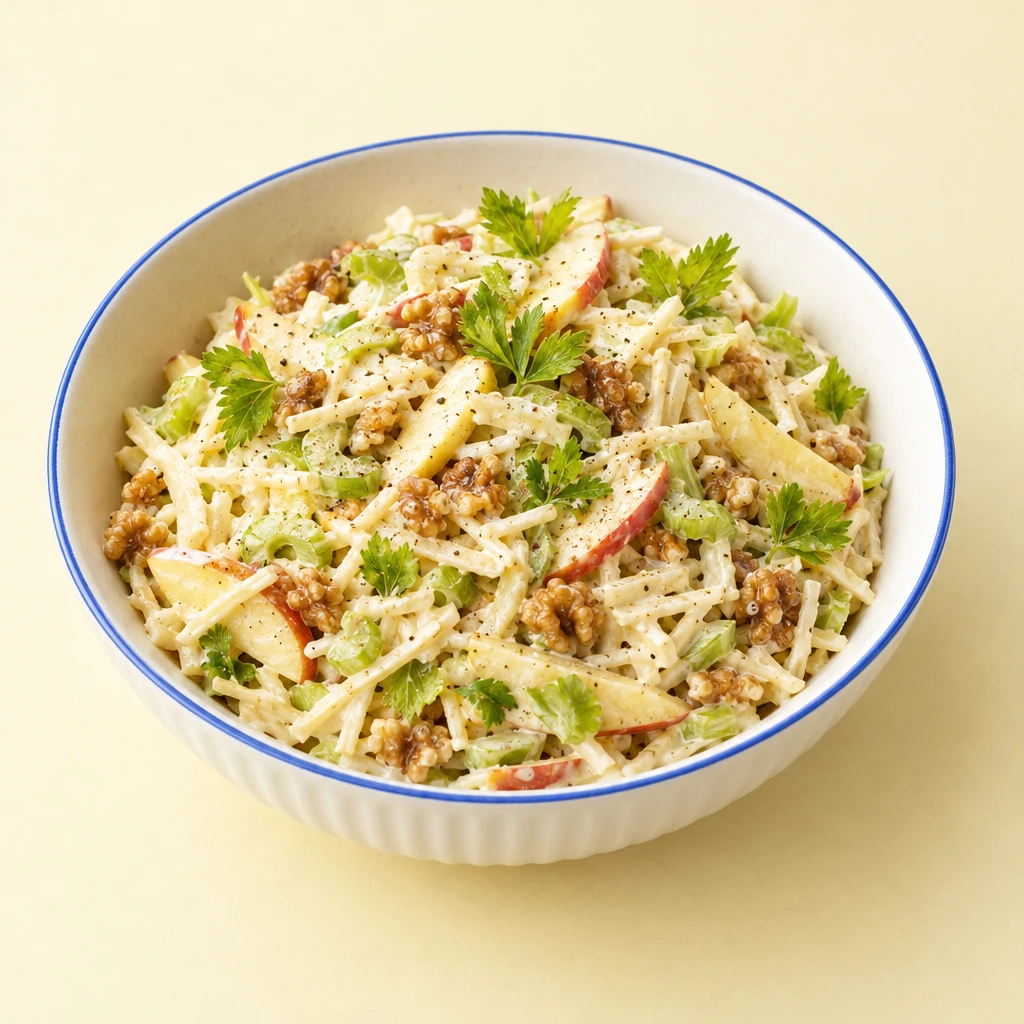 Waldorfsalat mit Staudensellerie, feinen Knollenselleriestreifen, Apfelscheiben, Walnüssen und Mayonnaise, garniert mit Selleriegrün.