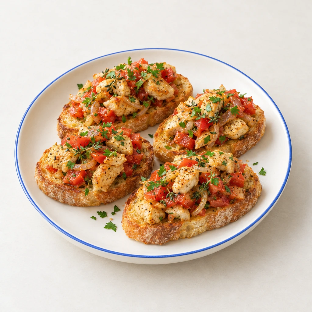 Geröstete Ciabattascheiben mit gebratenen Hähnchenwürfeln, Tomaten, Zwiebeln und gehackter Petersilie auf einem Teller.
