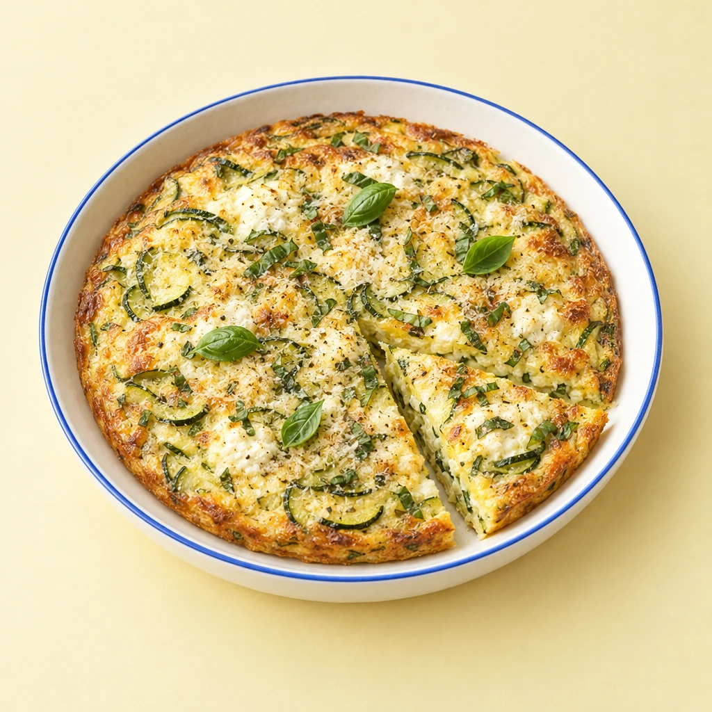 Goldbraune Zucchini-Frittata mit Ricotta, Parmesan und Basilikum, angeschnitten auf einem Teller.