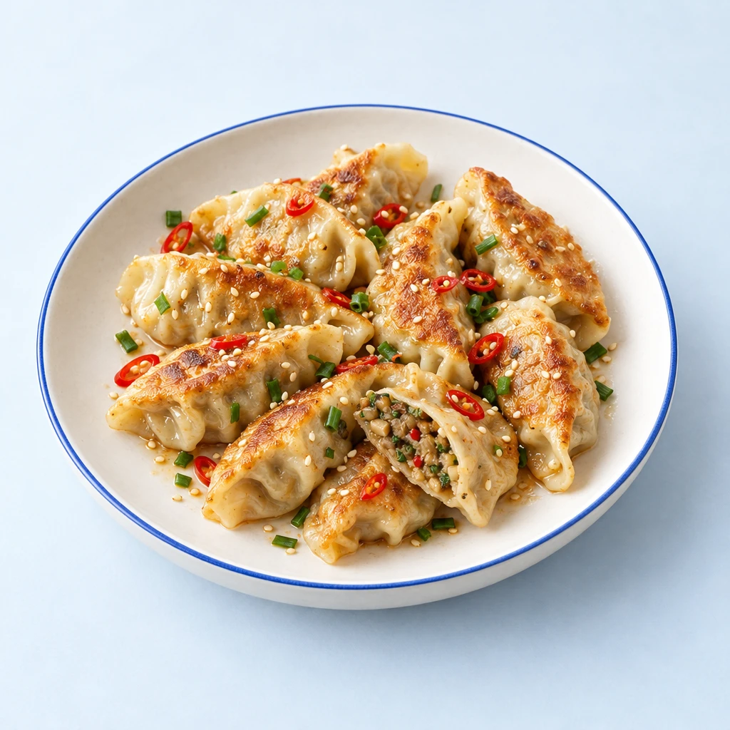 Goldbraun gebratene Gyoza mit Austernpilzfüllung, Sauce und Sesam auf einem Teller.
