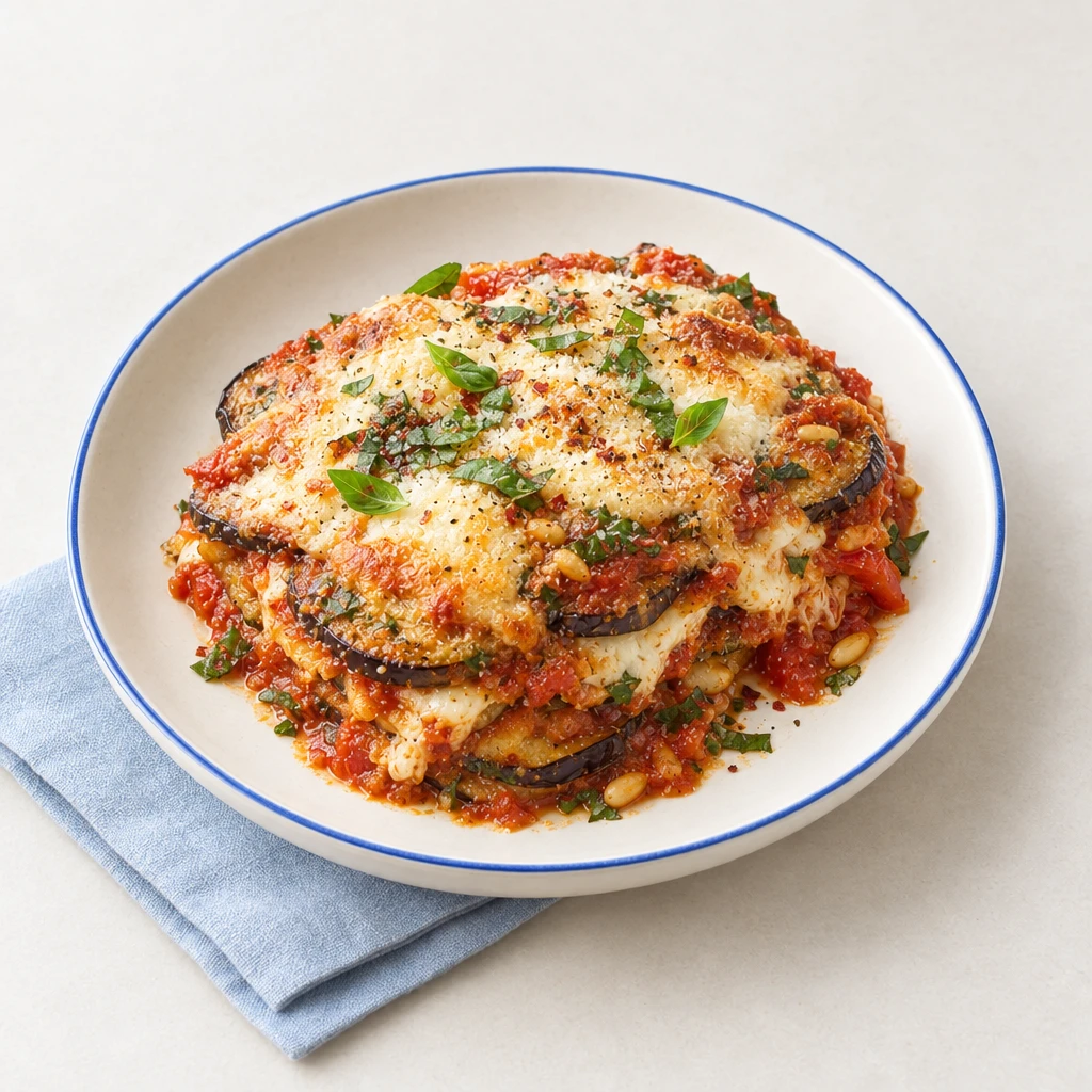 Parmigiana di melanzane mit sichtbaren Auberginen- und Tomatensoßenschichten, überbackenem Käse und Basilikum- und Oreganoblättern auf einem Teller.