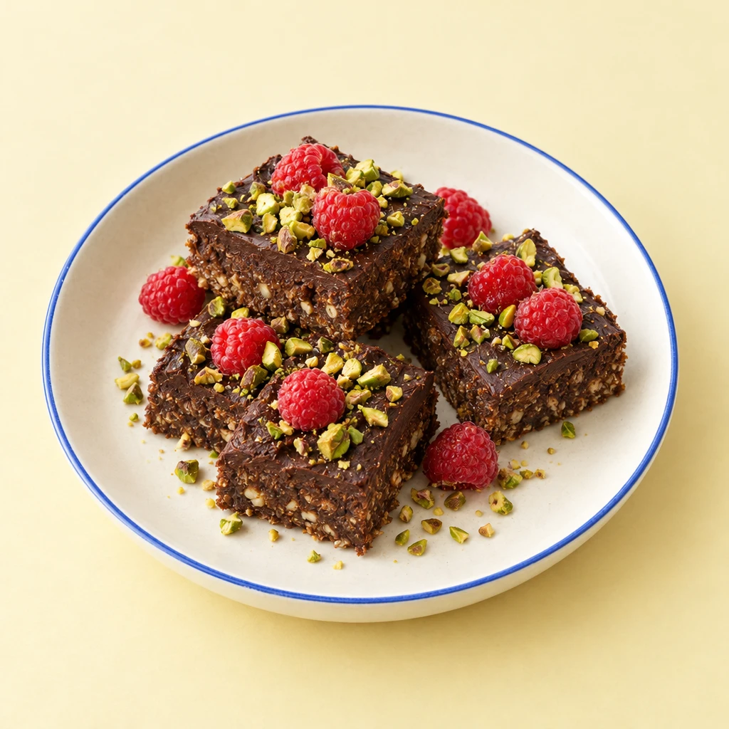Dattel-Brownies mit dunkler Schokoganache, Himbeeren und gehackten Pistazien.