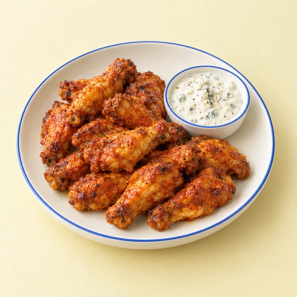 Gegrillte Buffalo Wings mit rötlich-brauner Sauce und cremigem Blauschimmelkäse-Dip auf einem Teller.