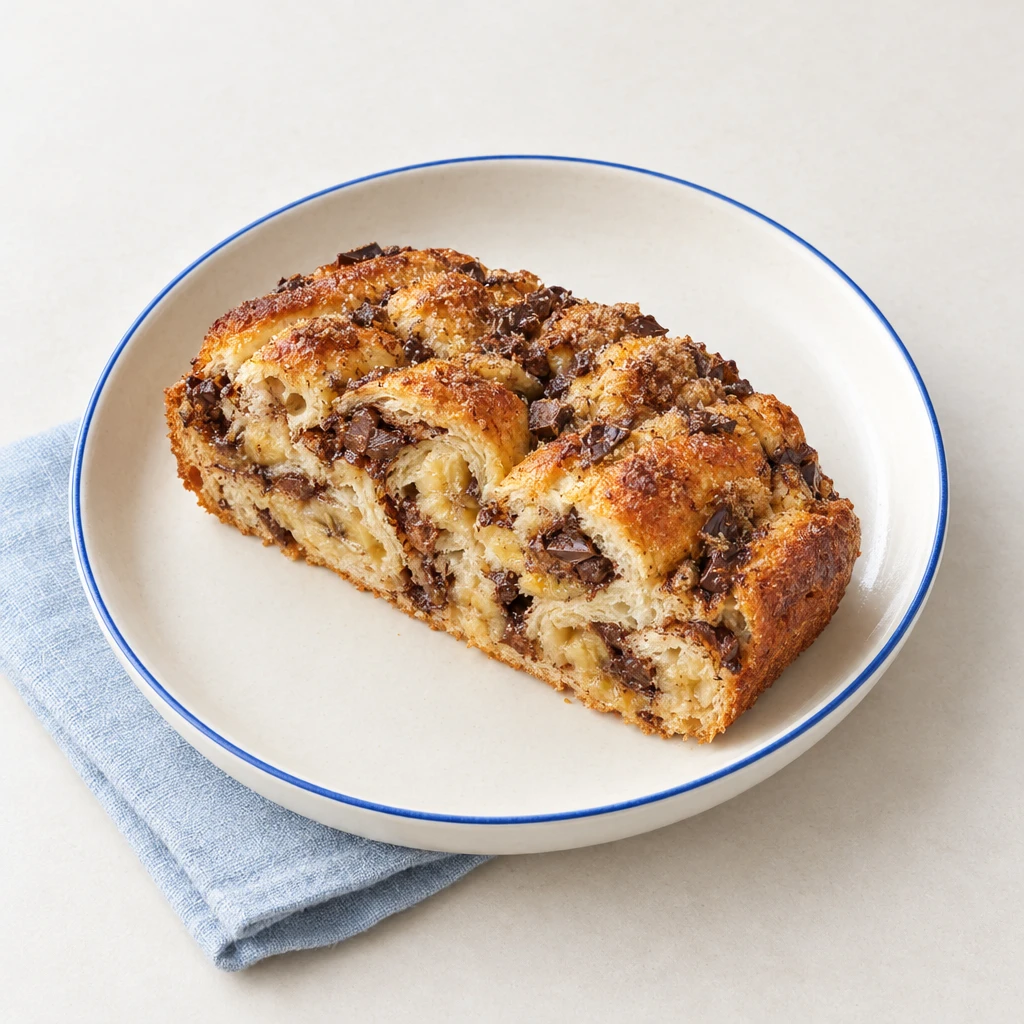 Goldbraunes Bananen-Zupfbrot mit Schokolade und einem abgezupften Stück, das die weiche Füllung zeigt.