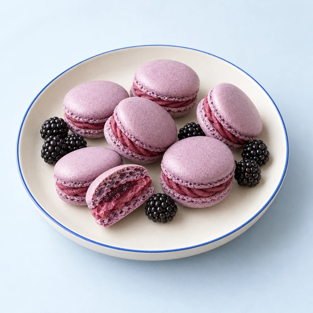Lila Macarons mit glatten Schalen und einer rosa Brombeercremefüllung auf einem Teller.