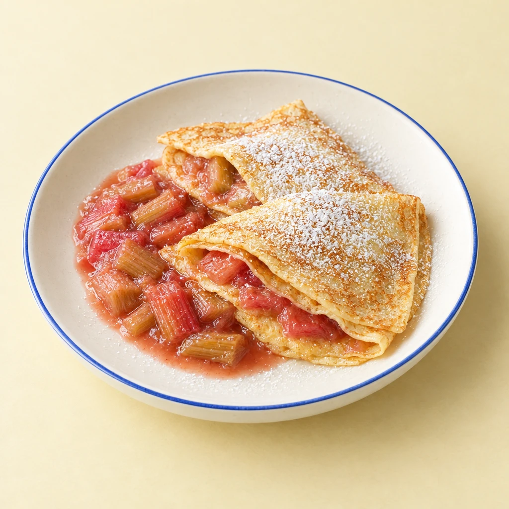 Goldbraune, zu Vierteln gefaltete Crêpes mit Puderzucker und stückigem Rhabarberkompott auf einem Teller.