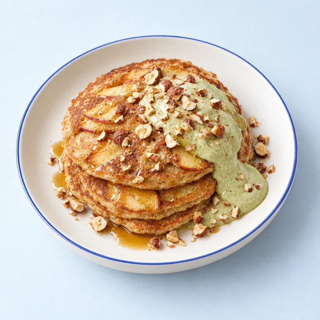 Goldbraune Apfel-Pancakes mit gehackten Haselnüssen, Ahornsirup und hellgrüner Matcha-Sojajoghurt-Creme auf einem Teller.