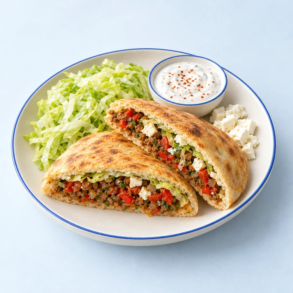 Fladenbrotviertel mit Hackfleisch, Paprika, Tomaten, Eisbergsalat und Feta, daneben Joghurt-Dip mit Chiliflocken.
