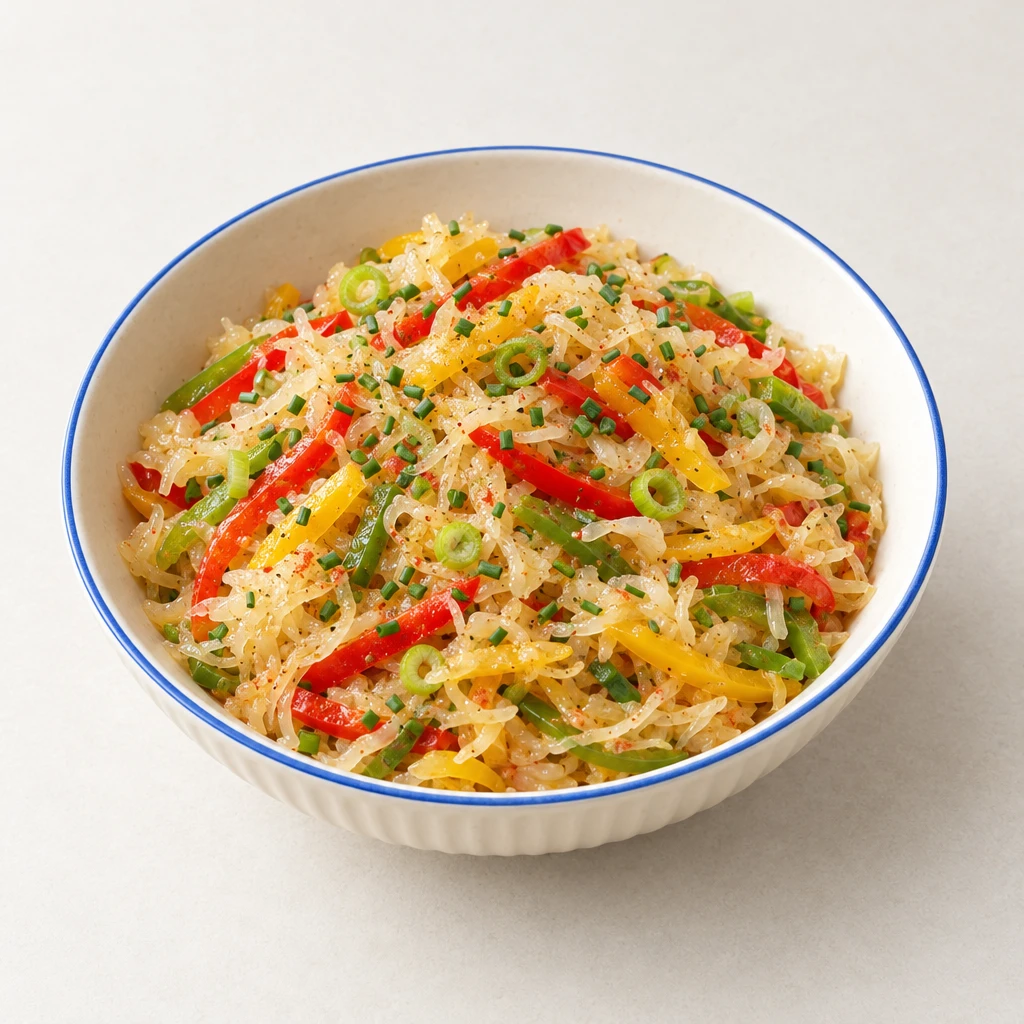 Sauerkrautsalat mit roten, gelben und grünen Paprikastreifen, Frühlingszwiebeln und Schnittlauch in einer flachen Schüssel.